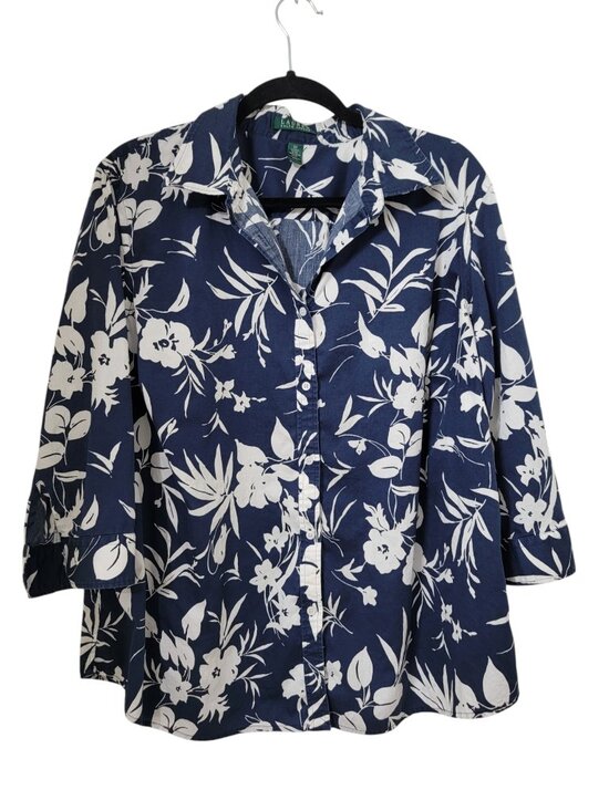 Lauren Ralph Lauren Tops - Lauren Ralph Lauren Size 2X Navy Blue w/ White Floral Button Down Shirt